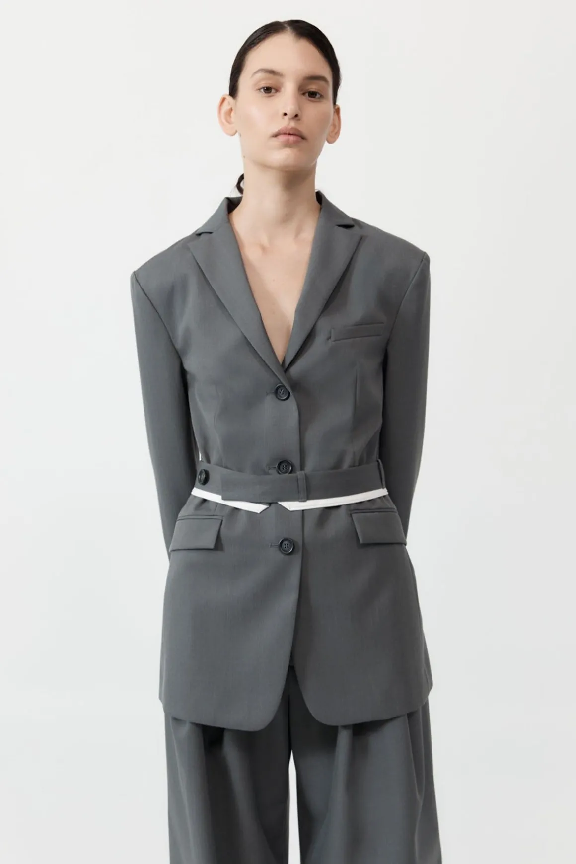 St. Agni Homme Belted Blazer - Pewter Grey