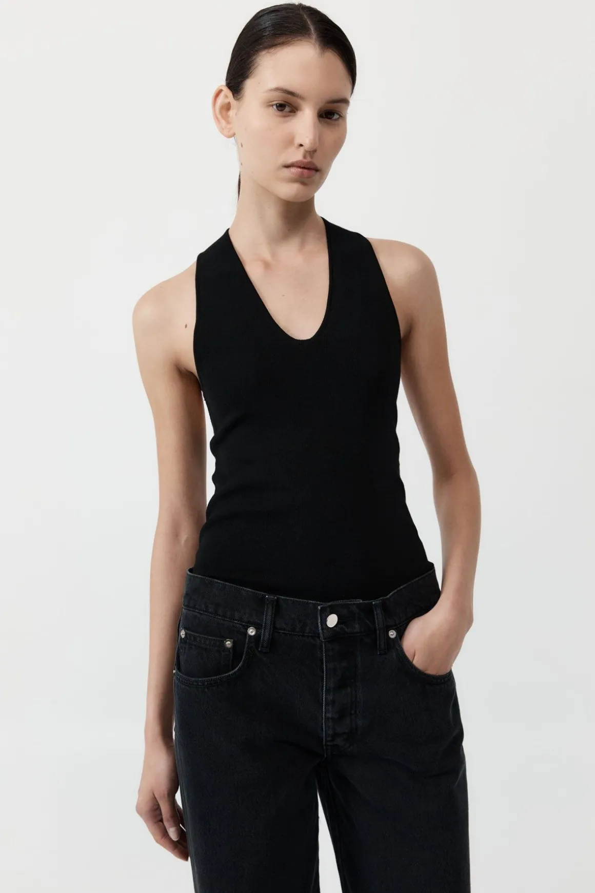 St. Agni Plunge Neck Knit Top - Black