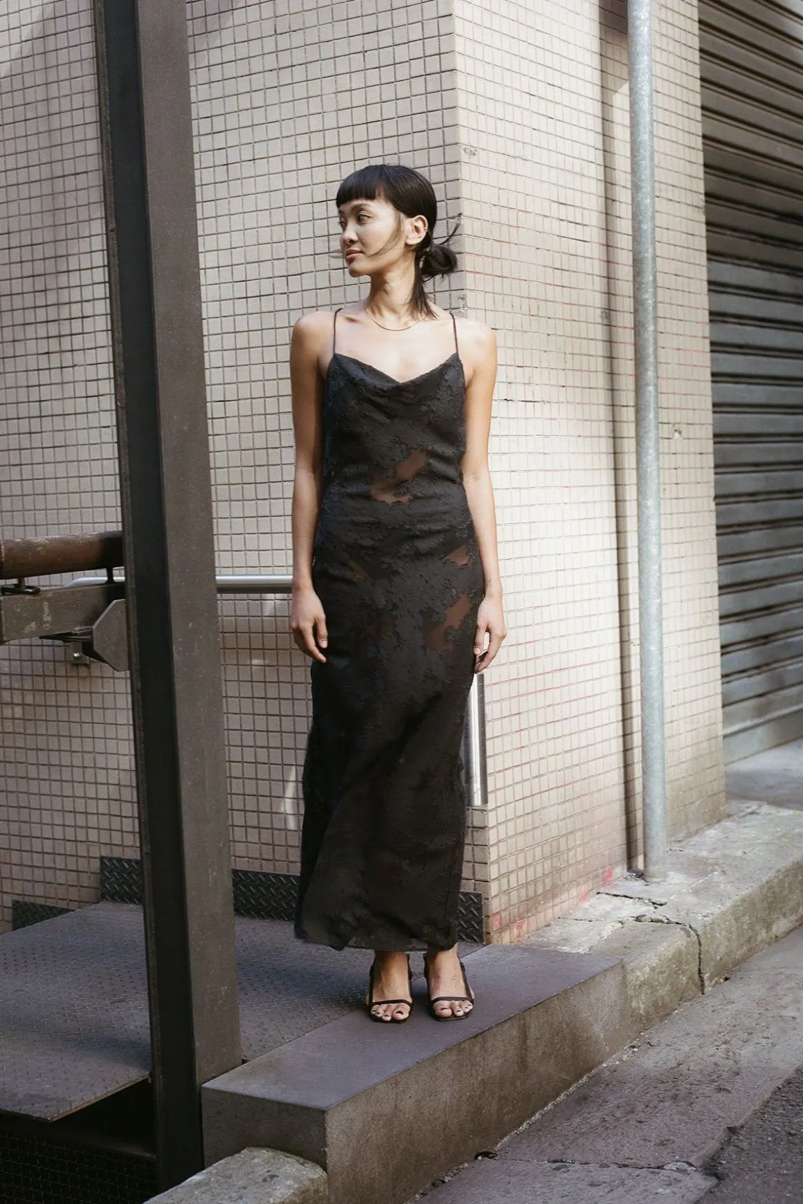 St. Agni Semi Sheer Floral Dress - Black