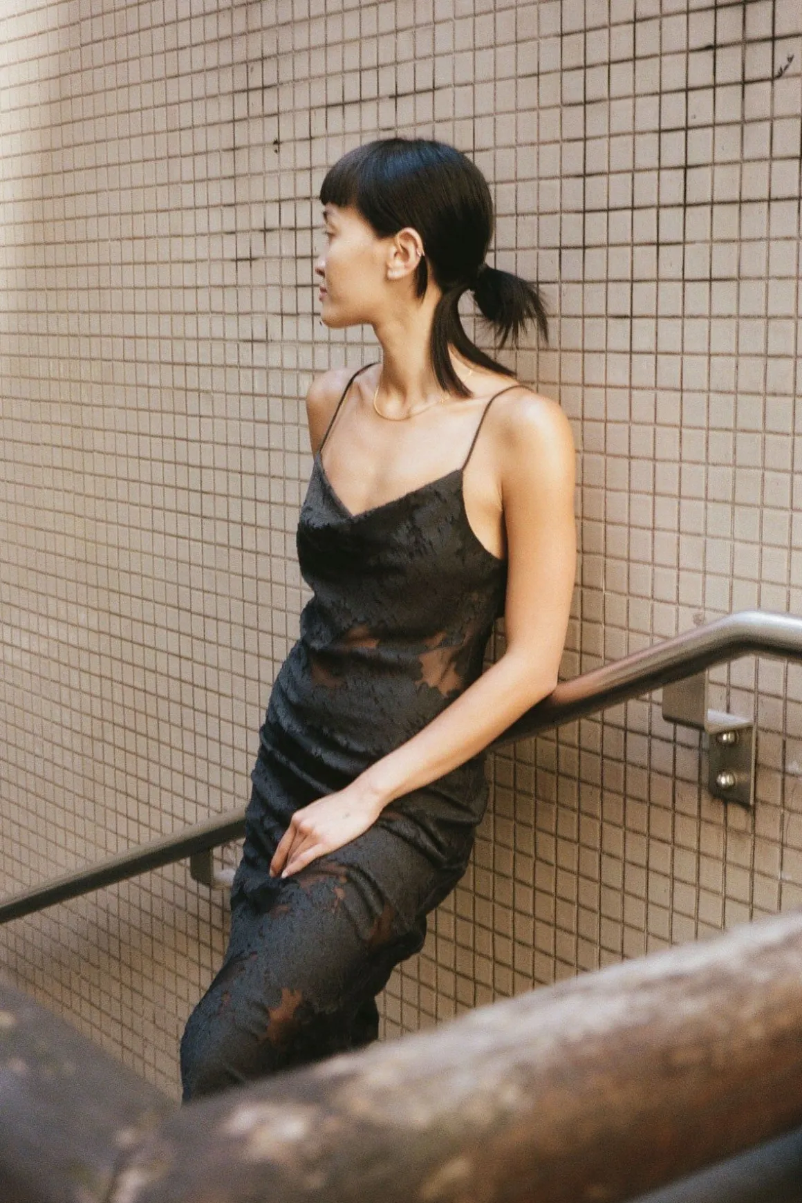 St. Agni Semi Sheer Floral Dress - Black
