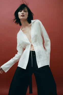 St. Agni Sheer Linen Tie Top - White