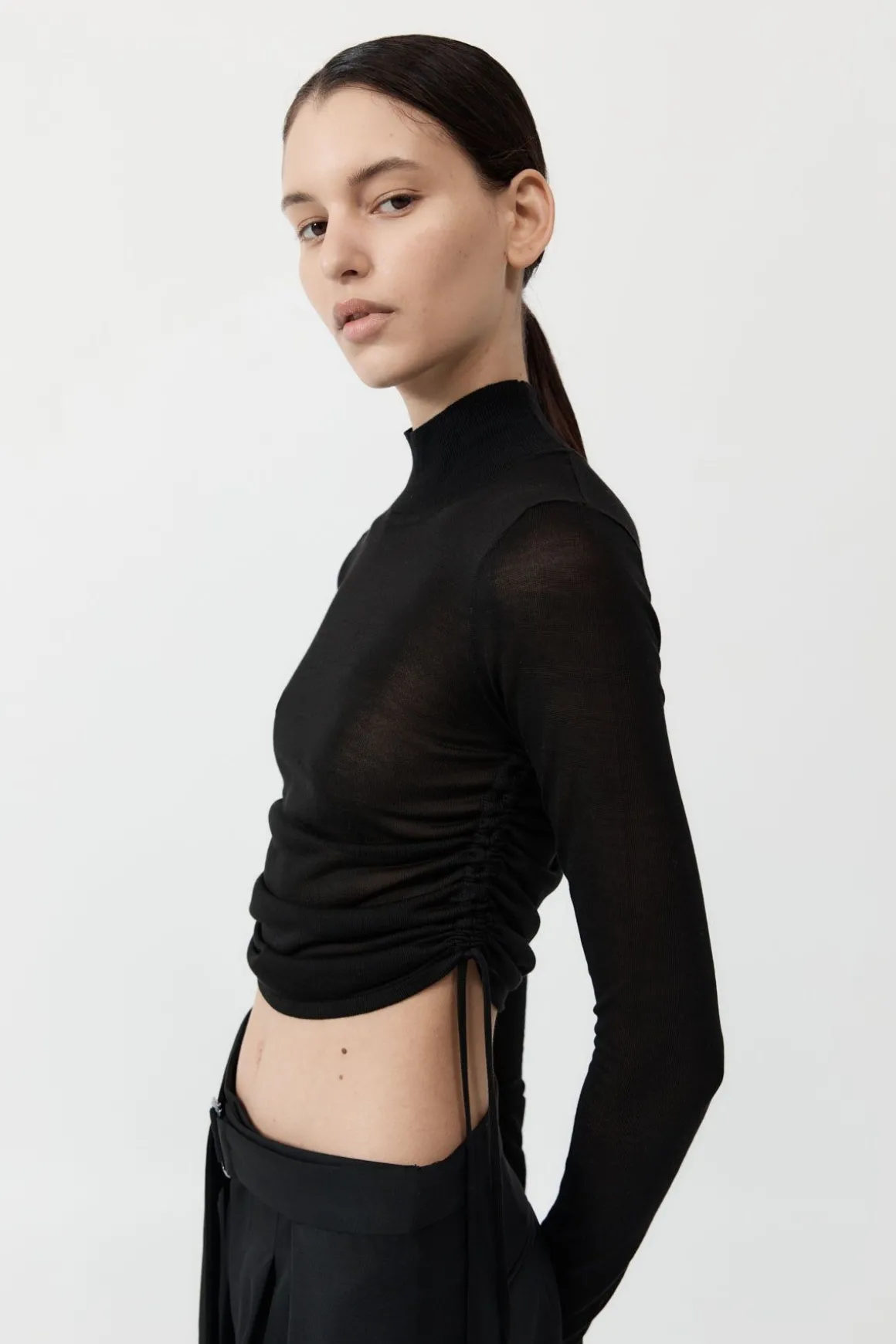 St. Agni Sheer Ruched Top - Black