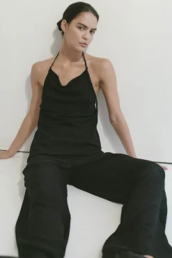 St. Agni Textured Silk Halter Top - Black